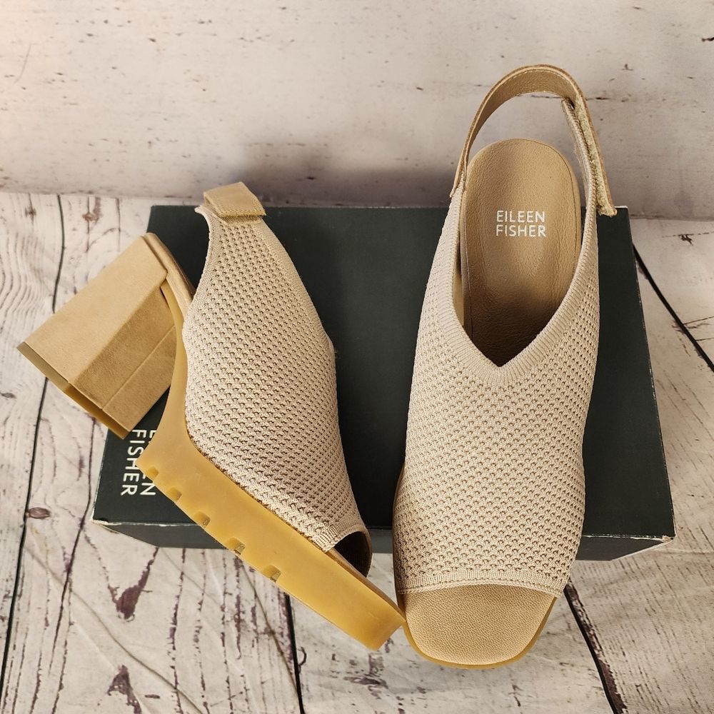 Eileen Fisher Cue Stretch Knit Block Heel Sandals Blush Size 9 NIB